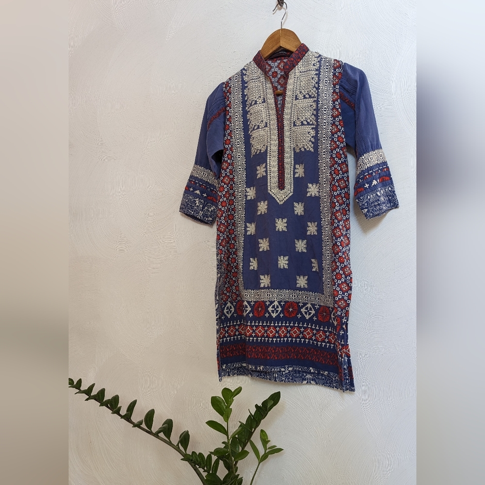 Delft Blue Embroidered Kurti Blouse
